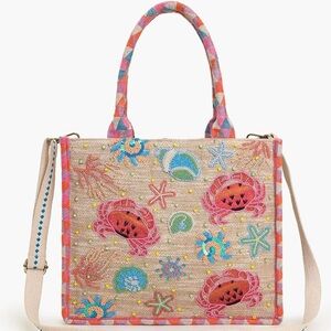 America & Beyond | Vibrant Crab and Sea Life Embroidered Tote Bag